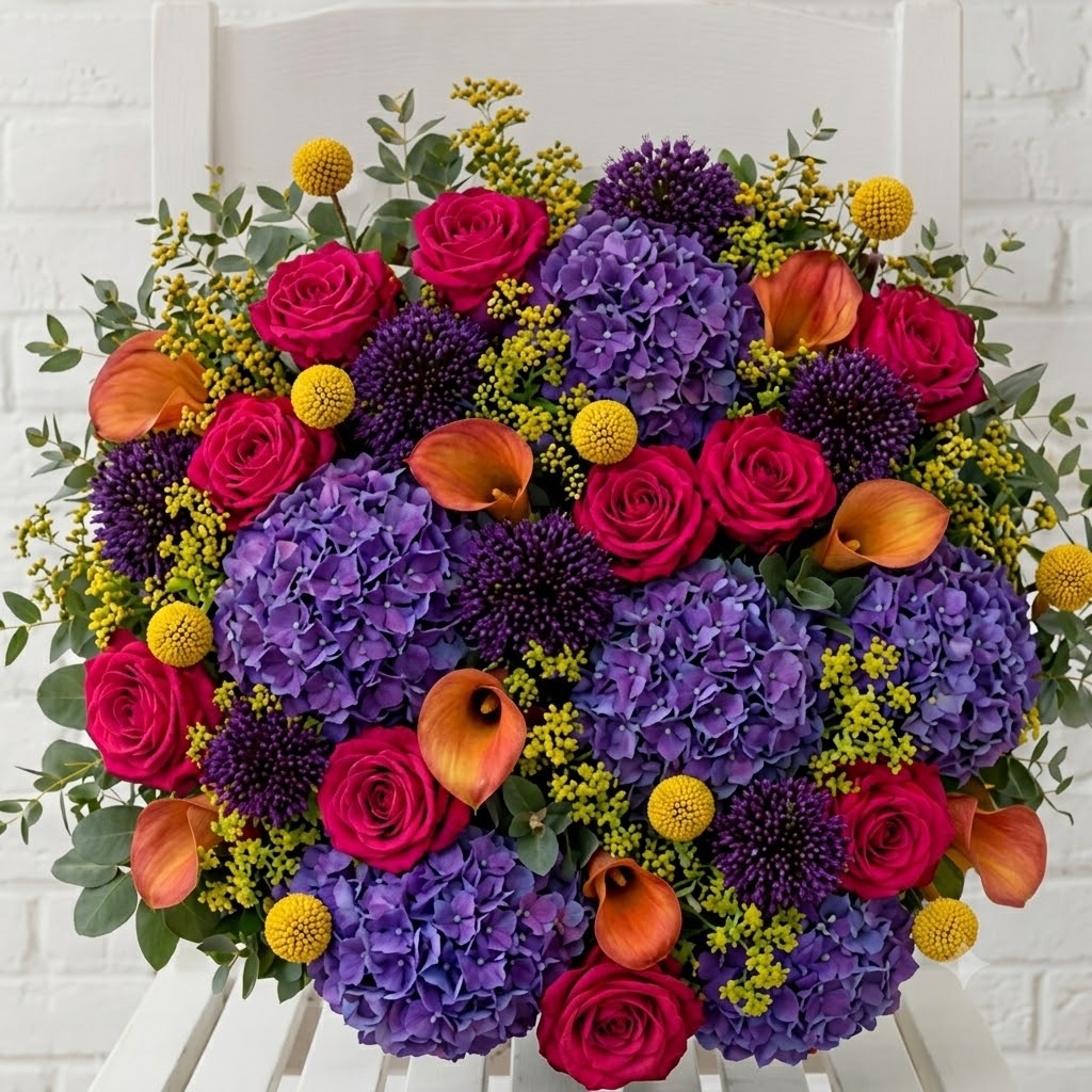 Luxury Summer Flower Bouquet - Purple Hydrangeas, Orange Calla Lilies & Pink Roses Bright - Summer Paradise - Next Day Flower Delivery UK